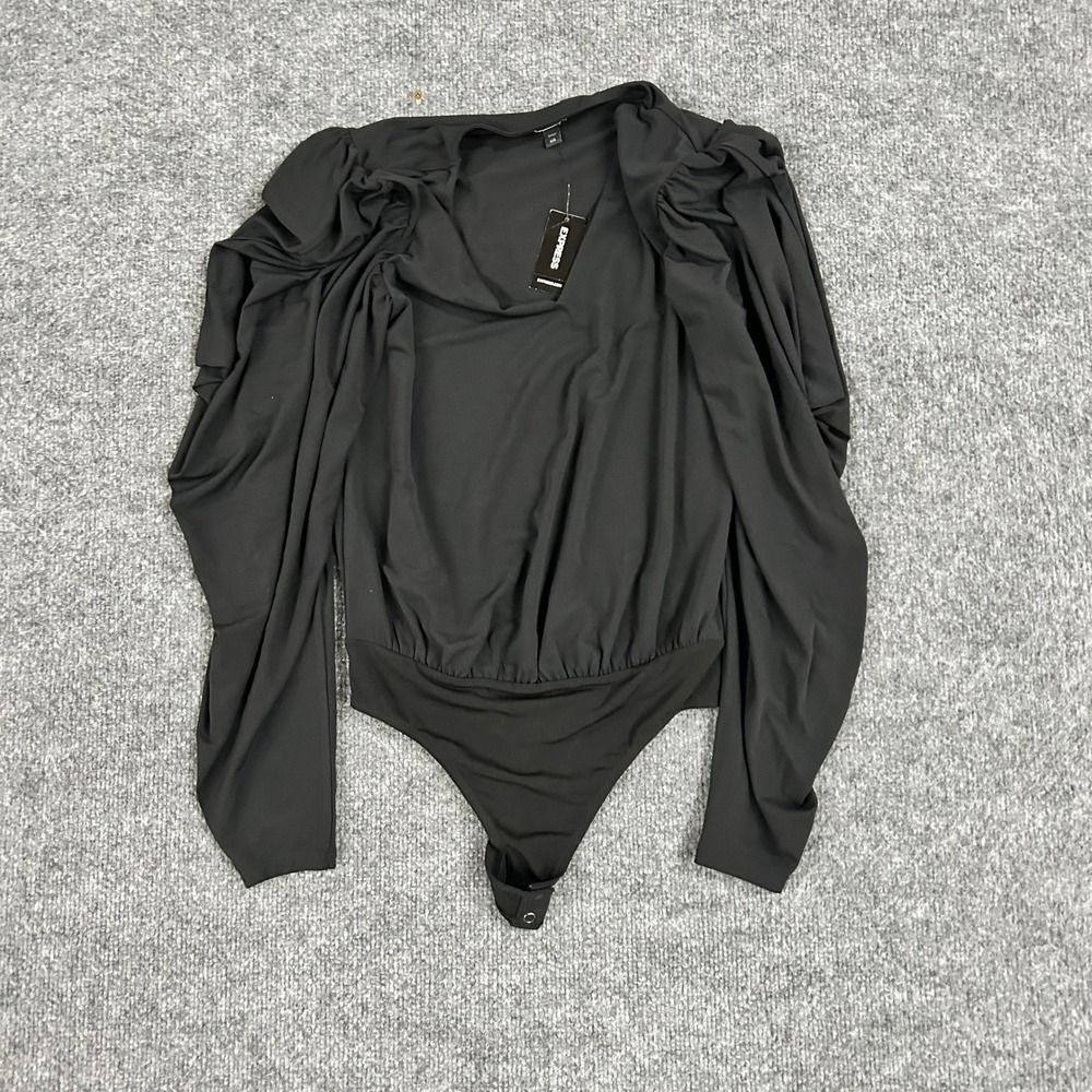 Express Bodysuit Womens XXS Black Long Puff Sleeve Draped Neck Stretch New Tag